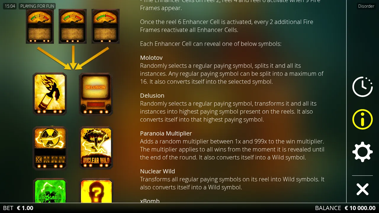 Disorder feature screen showing the three Enhancer Cells and the symbols they can reveal