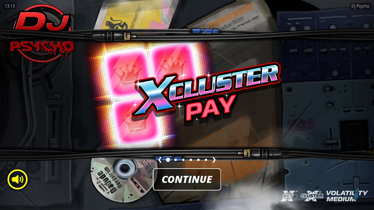 DJ Psycho splash screen with pink crown pads and the XCLUSTER PAY card