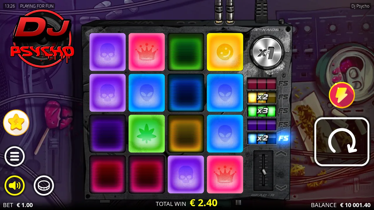 DJ Psycho pad grid after a 2.4x round with the Beat Bar and xKnob dial beside it