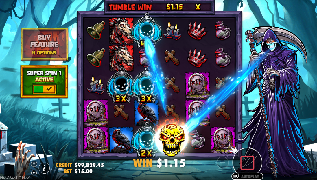 The Doom symbol firing a blue beam at multiplier medallions during a Super Spin 1 tumble