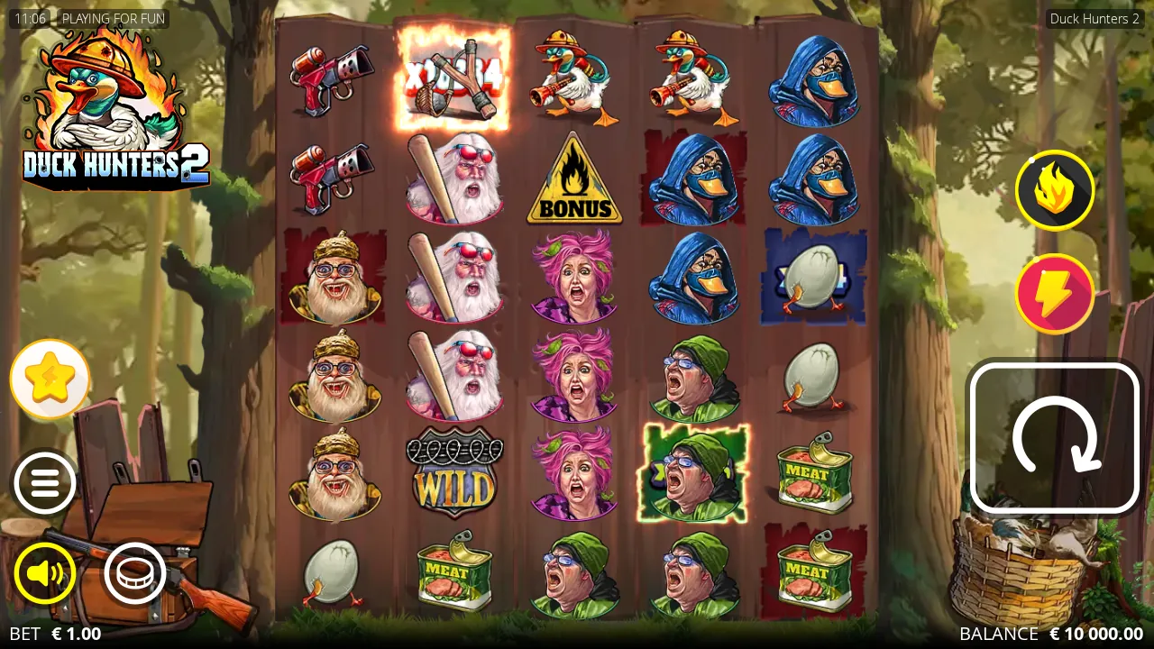 Duck Hunters 2 base board with a Bonus symbol on reel 3 and a fire-framed xWays on reel 2