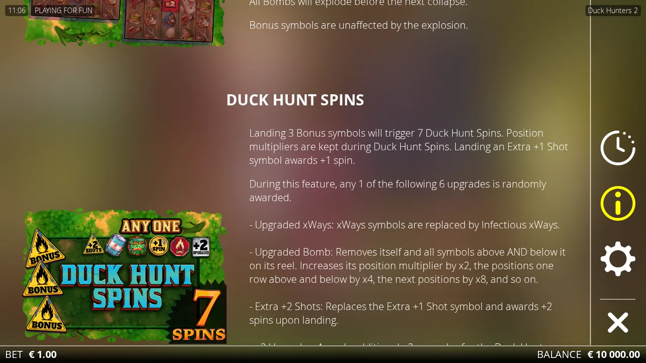 Duck Hunters 2 rules screen showing Duck Hunt Spins and its six random upgrades