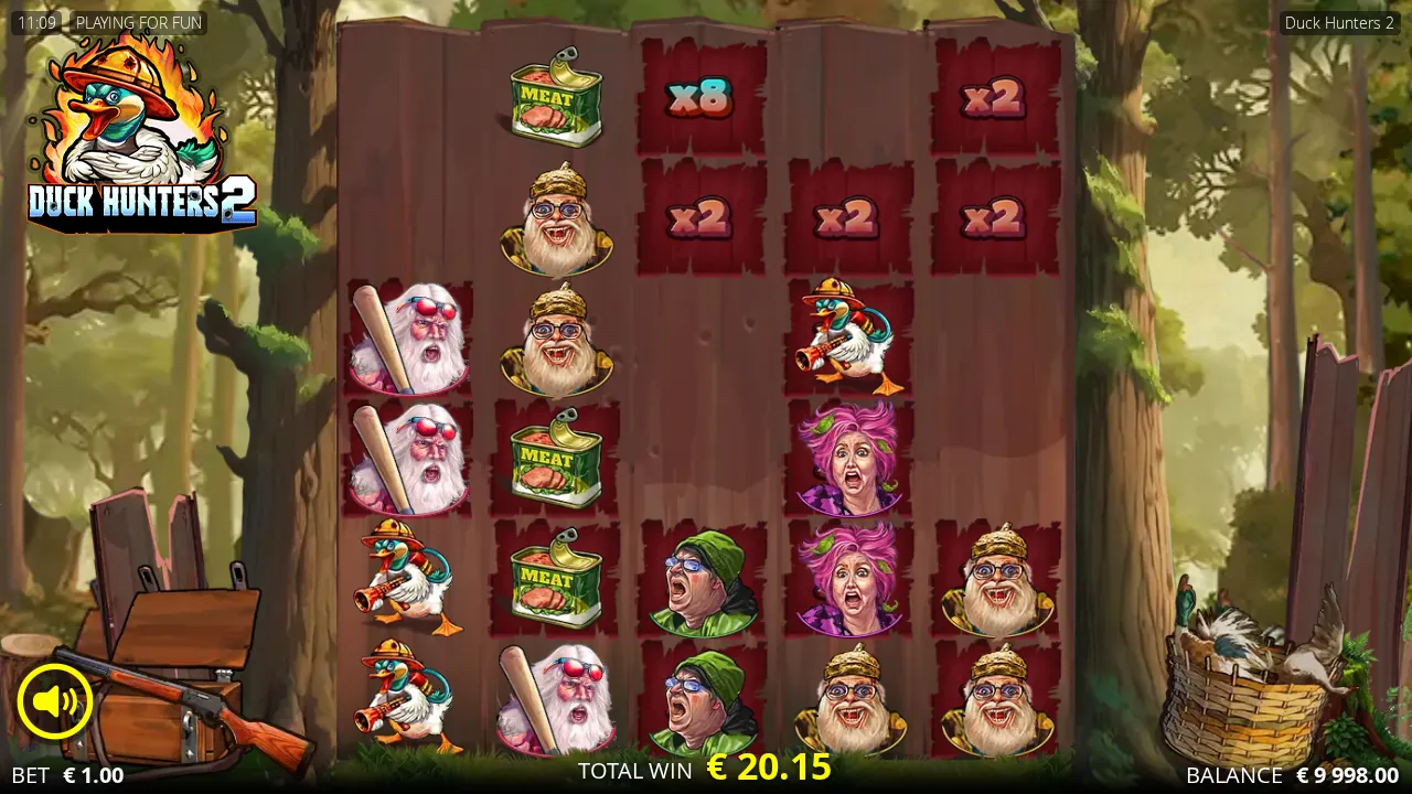 Duck Hunters 2 reels after a cascade with x8 and x2 position multipliers left on the cleared squares
