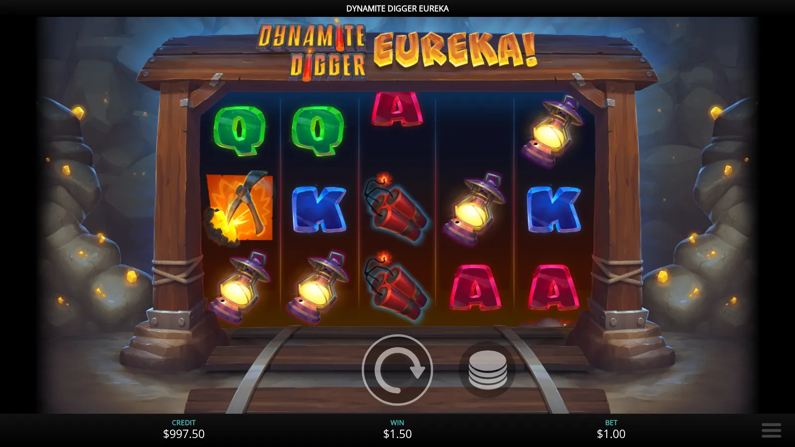 Dynamite Digger Eureka reels mid-cascade with an empty cell on reel 4