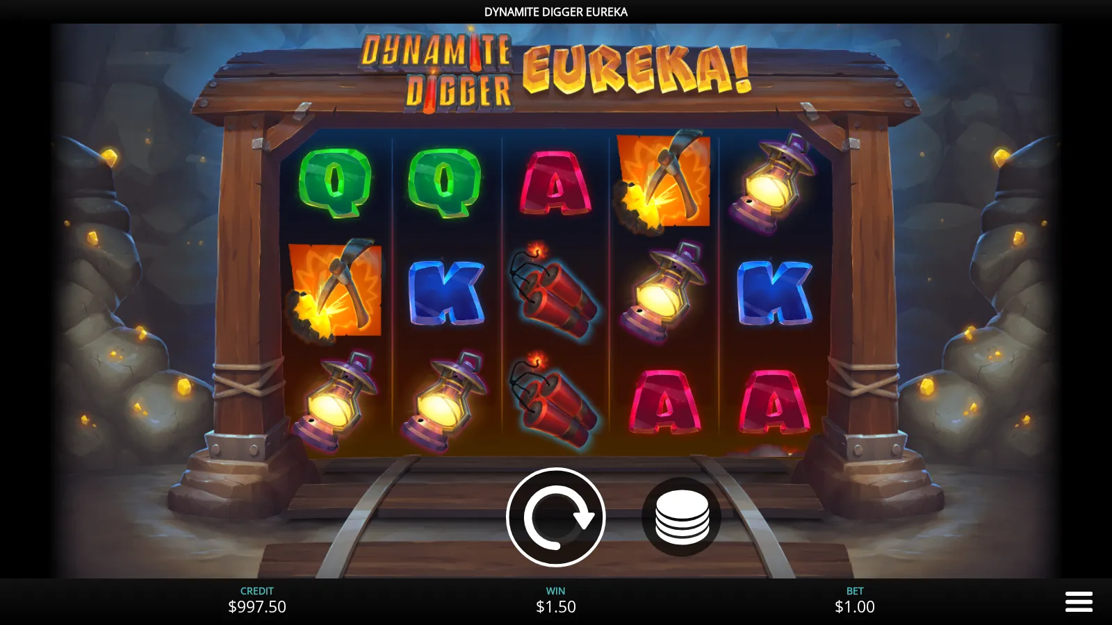Dynamite Digger Eureka reels after a cascade with two pickaxe symbols and three lanterns on the board