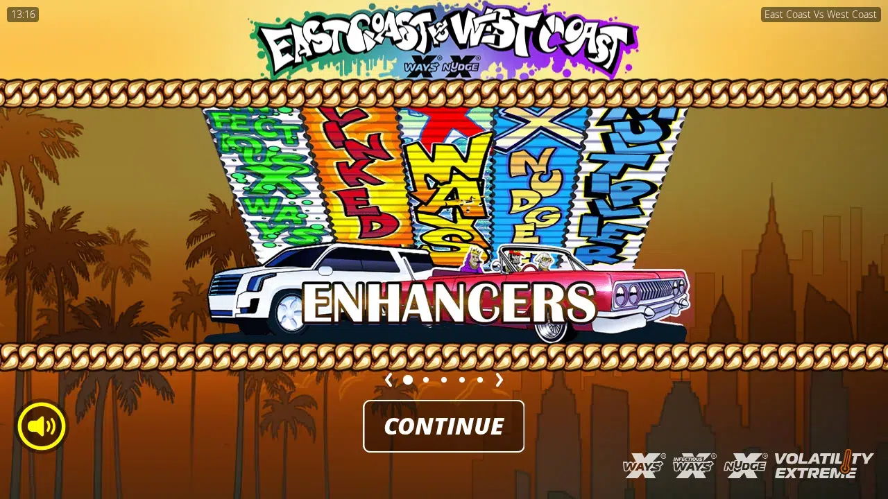 East Coast vs West Coast splash screen with a lowrider, a white SUV and five graffiti enhancer panels