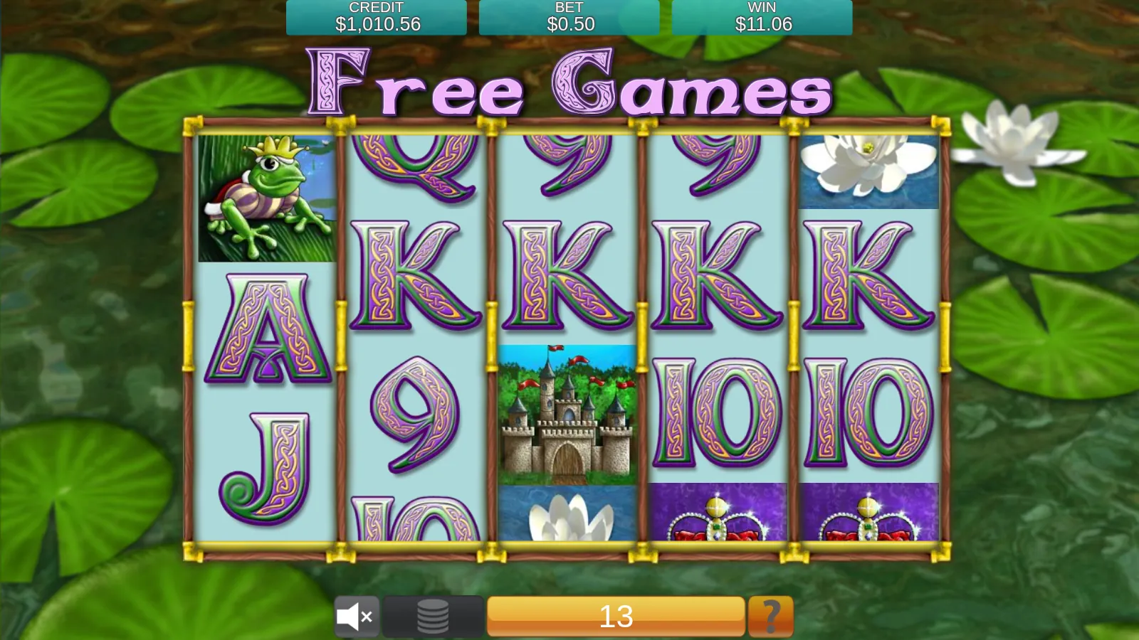 Enchanted Prince Free Games screen with the Free Games banner, a frog scatter on reel 1 and two Crown symbols