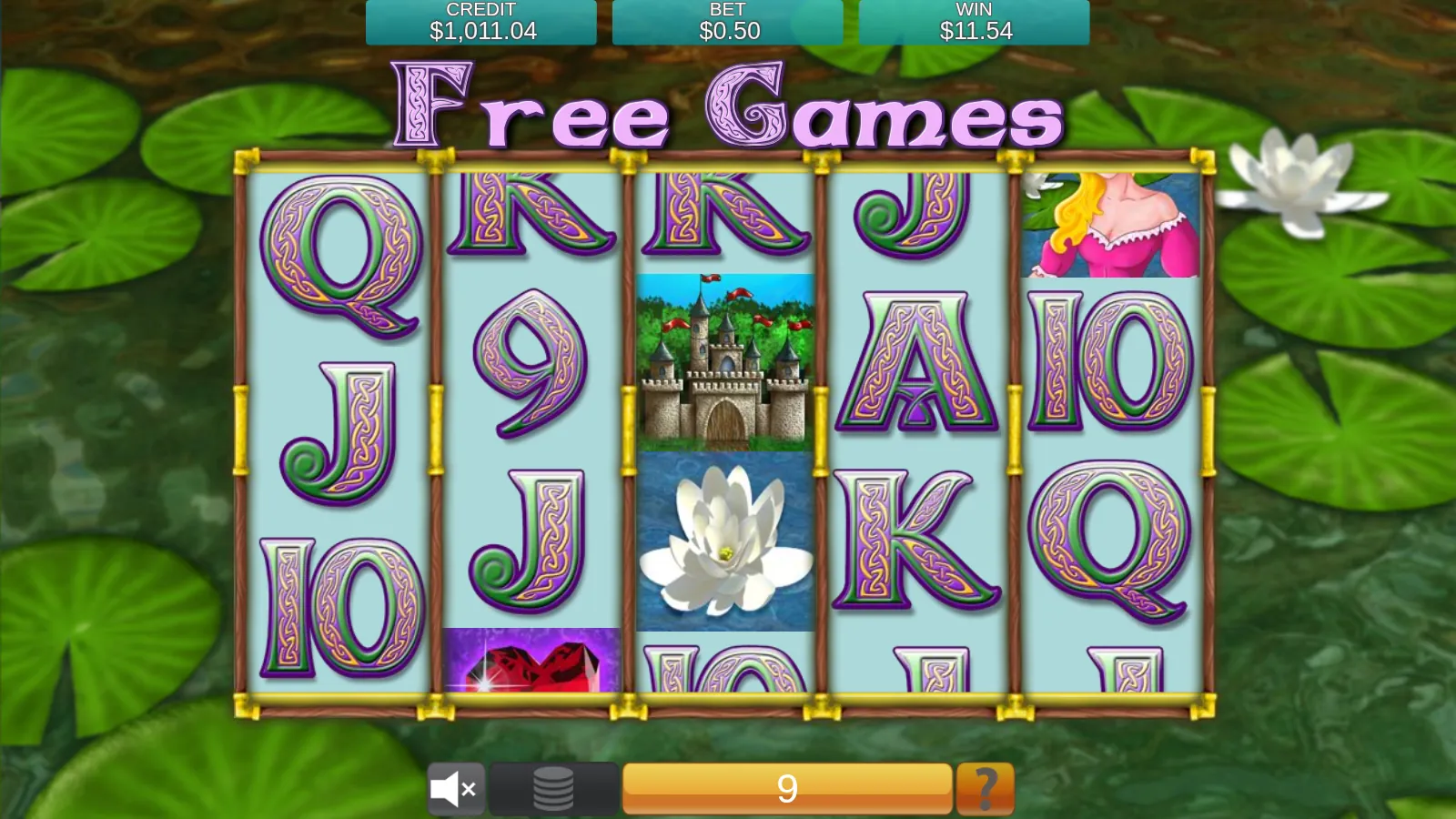 Enchanted Prince reels during Free Games with the princess, castle and water lily on screen