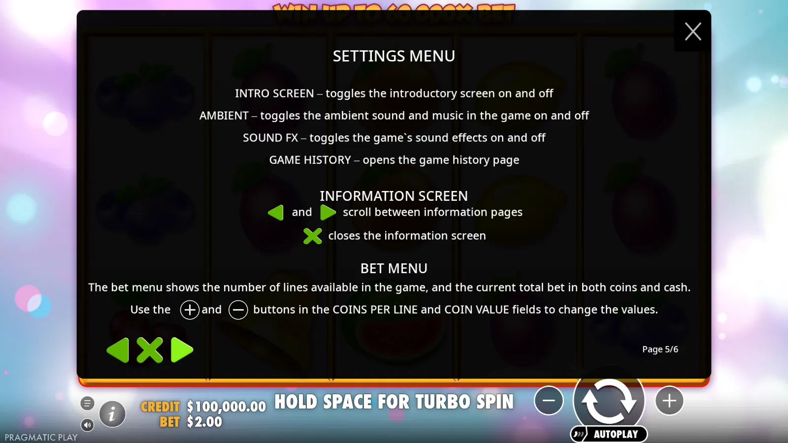 Extra Juicy rules screen showing the settings menu and the bet menu's coins per line and coin value fields