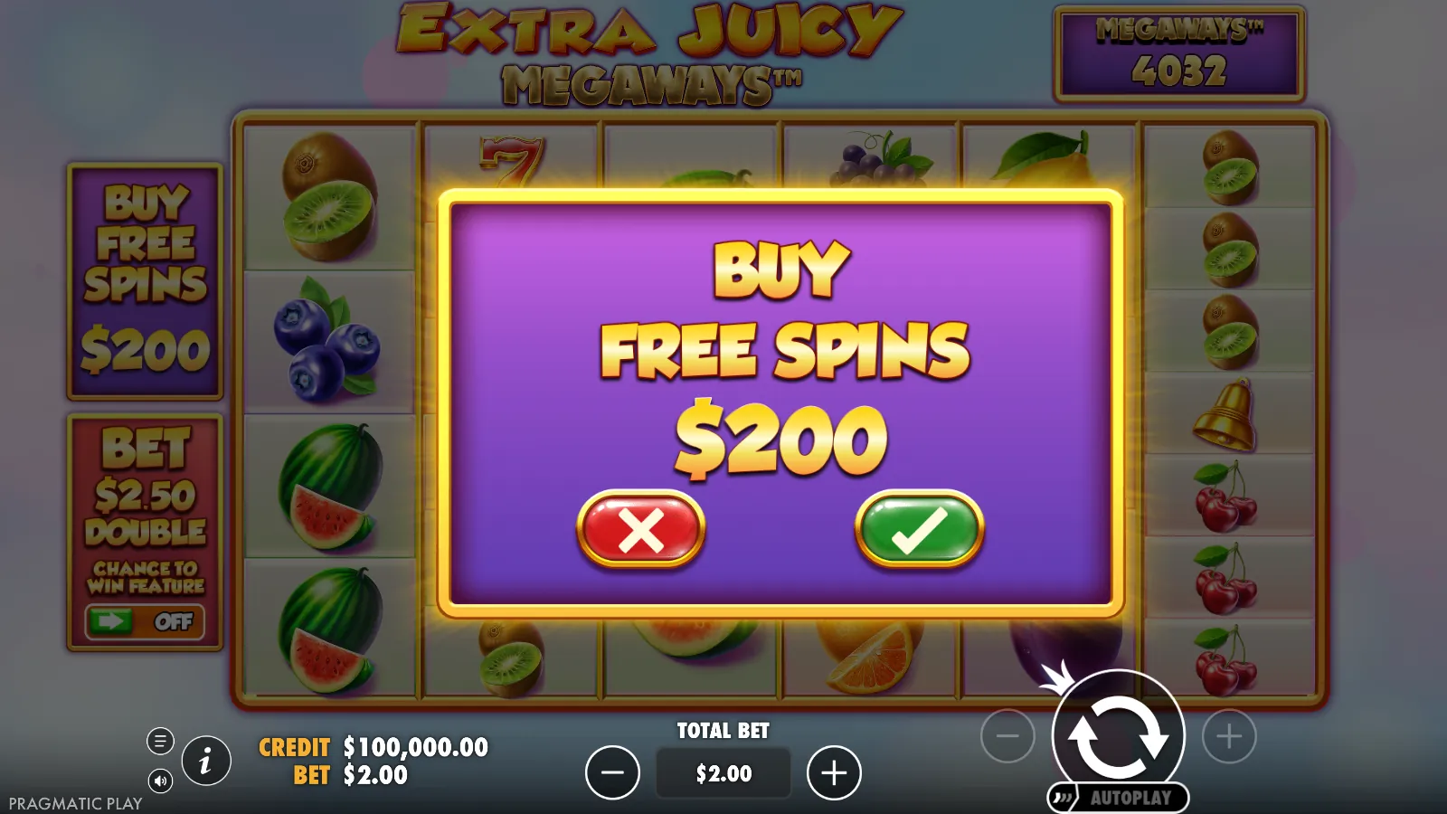 Extra Juicy Megaways buy free spins dialog priced at $200 over the fruit reels