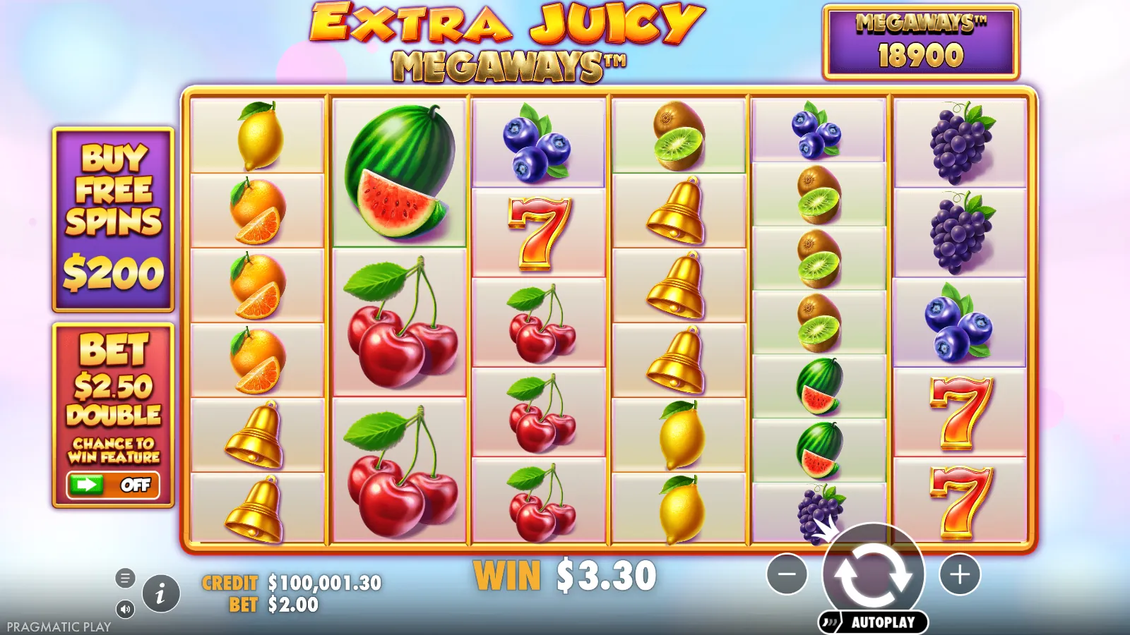 Extra Juicy Megaways reels at six rows with the Megaways counter on 18,900 and a $3.30 win
