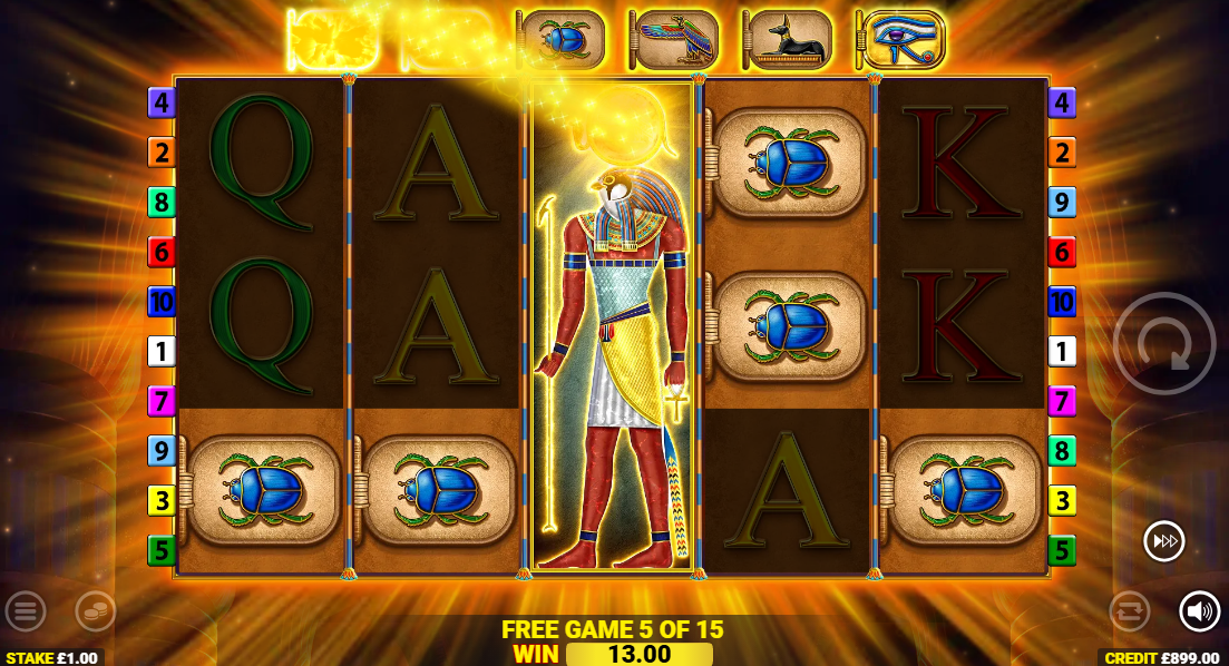 Eye of Horus free games mid-upgrade, the Horus wild glowing on reel 3 as Scarab tablets fill the reels, the top ladder showing the Flower spent and the Scarab now the live tablet.