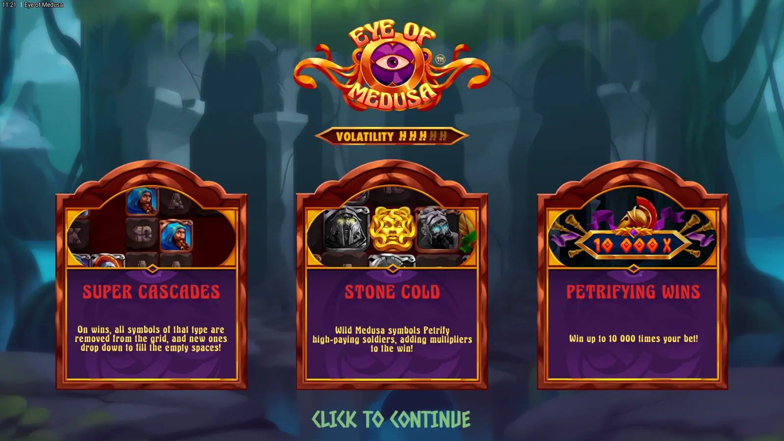 Eye of Medusa splash with three arched feature cards