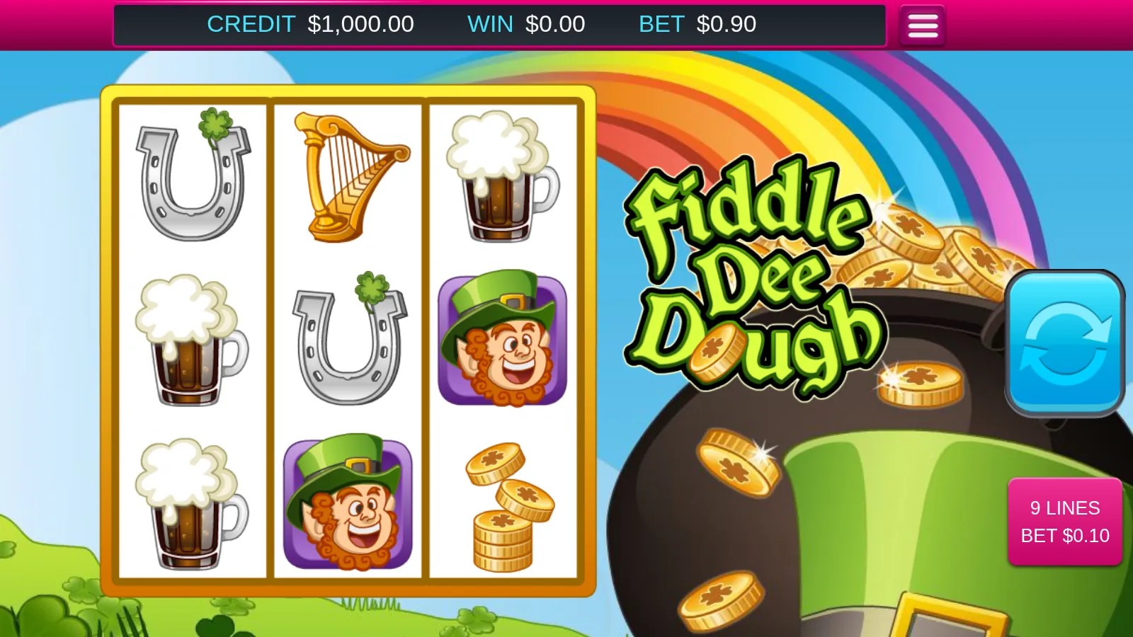 Fiddle Dee Dough 3x3 reels showing horseshoes, beer mugs, a harp, gold coins and a leprechaun