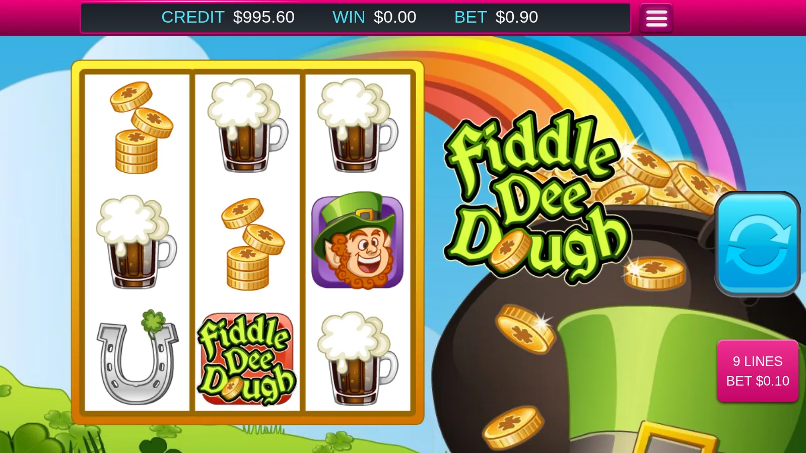 Fiddle Dee Dough reels with a leprechaun scatter on the third reel and the Fiddle Dee Dough logo on the second