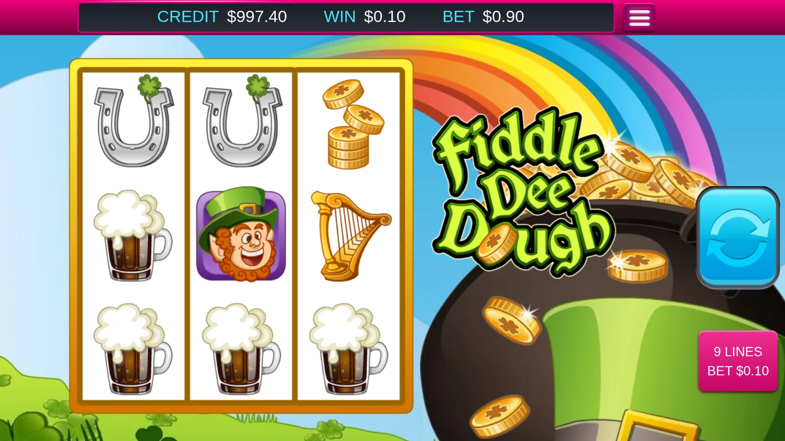 Fiddle Dee Dough 3x3 reels with three beer mugs across the bottom row and a leprechaun scatter on the middle reel
