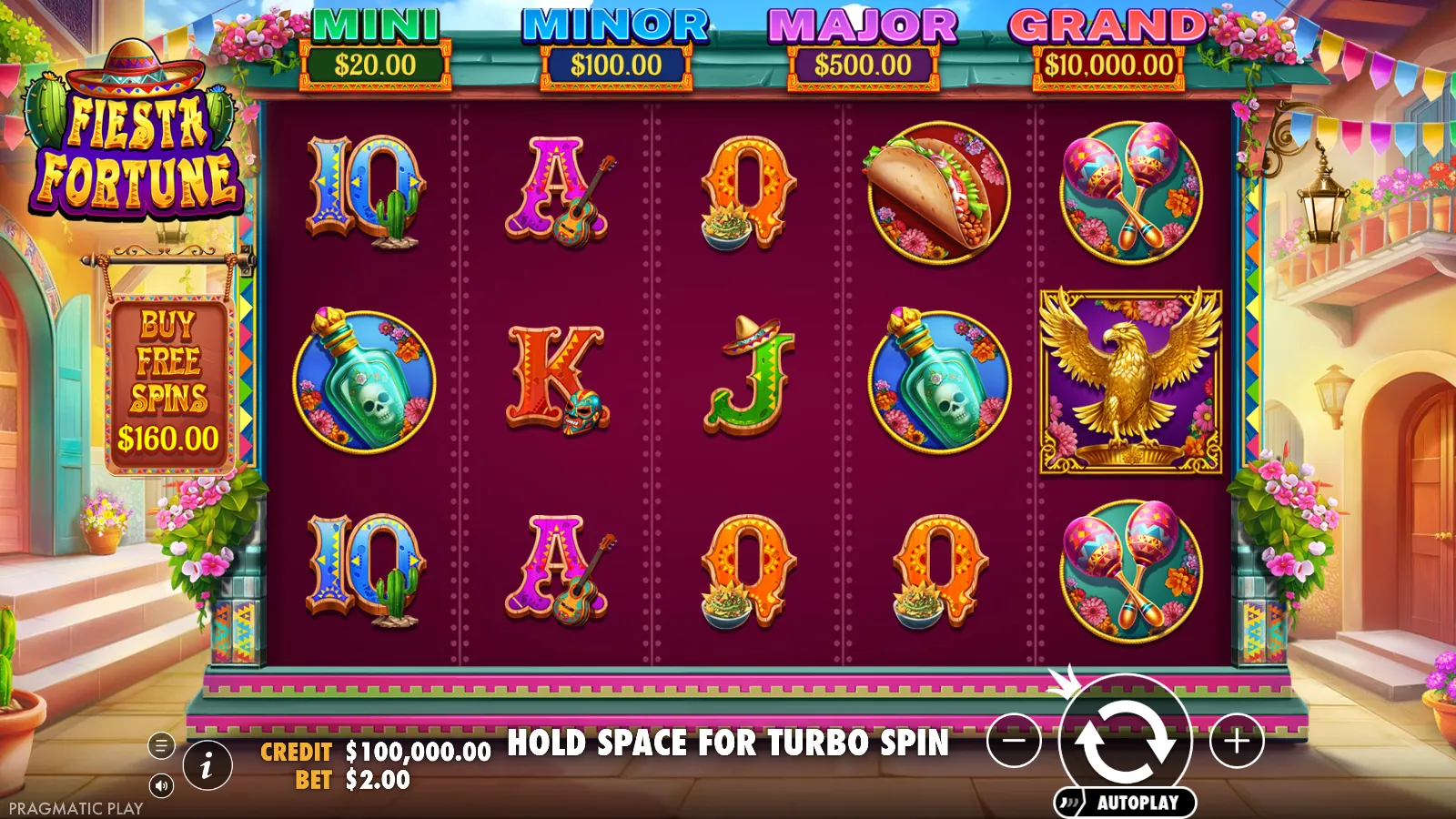 Fiesta Fortune reels at rest with the Mini, Minor, Major and Grand jackpot plaques above and the Buy Free Spins plaque beside them
