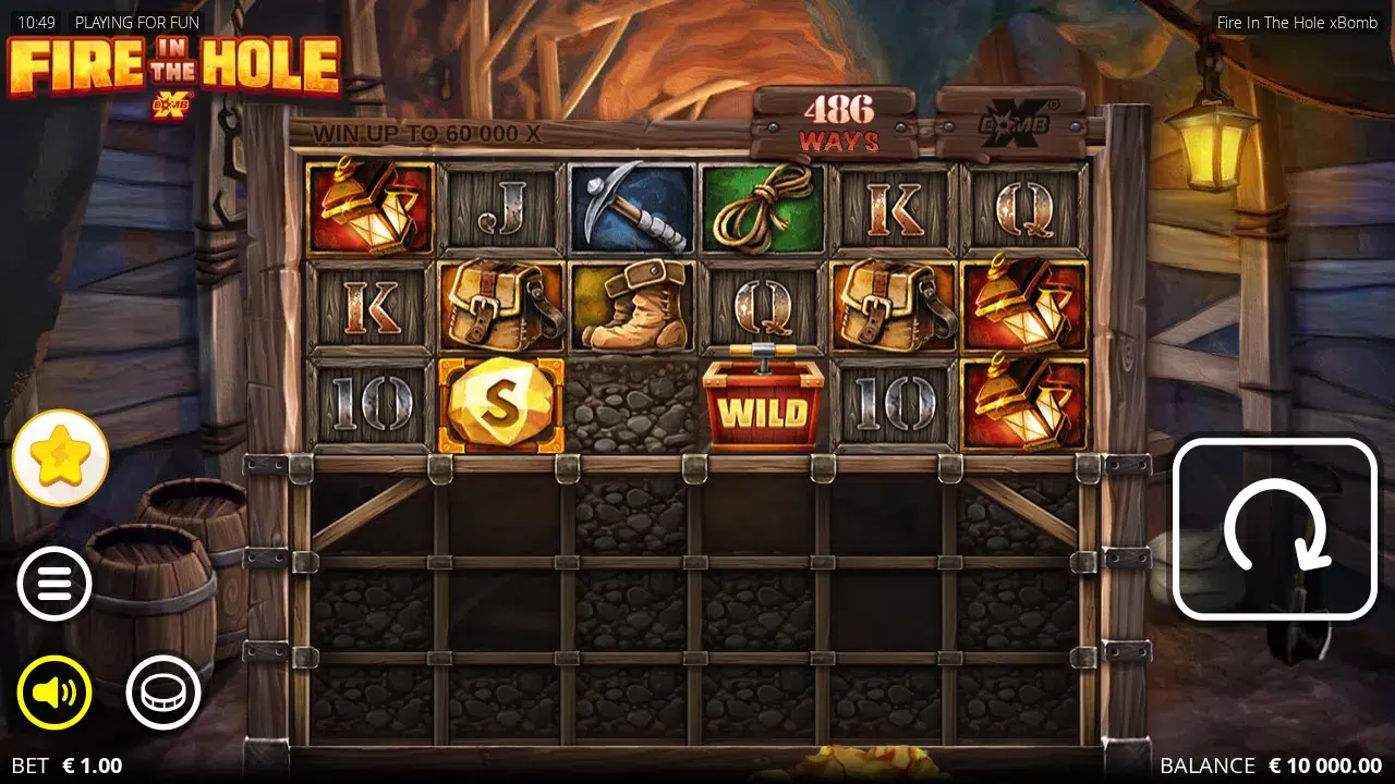 Fire in the Hole base reels with three active rows, a Wild chest and a gold Bonus nugget