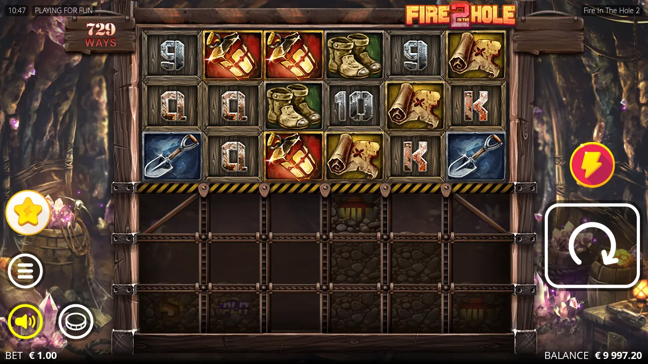 Fire in the Hole 2 reels showing dynamite, boots and shovel symbols above the hazard bar with dirt blocks beneath