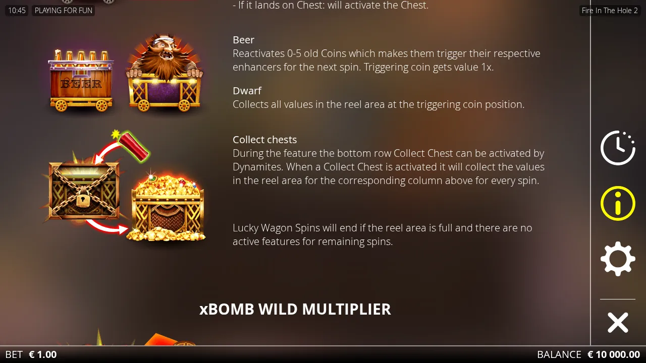 Fire in the Hole 2 feature screen showing the Beer wagon, the Dwarf wagon and the Collect Chest