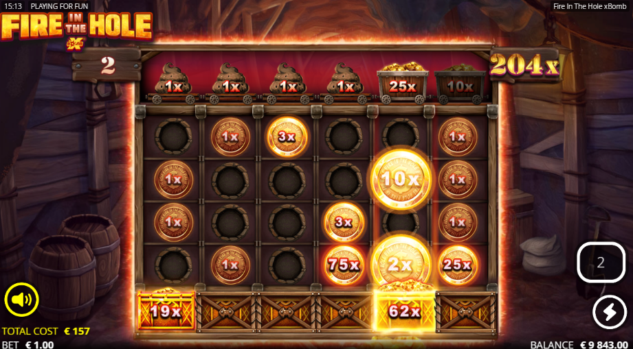Fire in the Hole wagon round with coins carrying values from 1x to 75x across the board