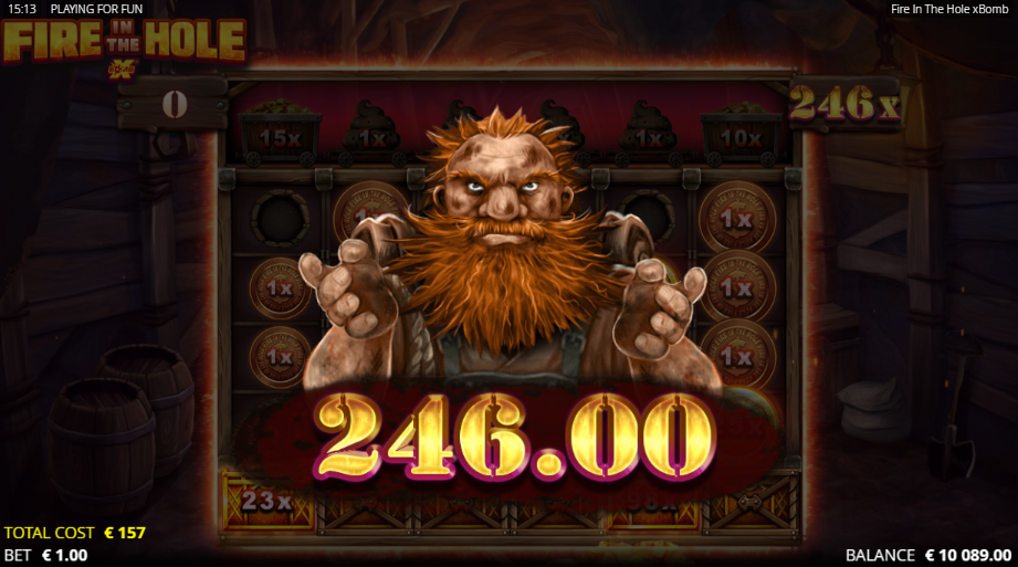 Fire in the Hole xBomb win screen with a blast-blackened dwarf reaching out over a 246.00 total