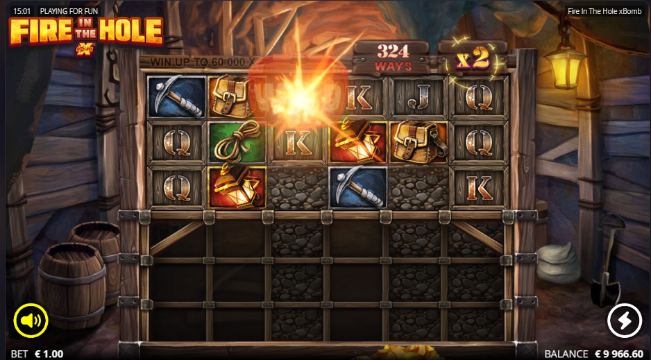 Fire in the Hole xBomb Wild exploding, clearing the symbols around it and lifting the win multiplier to x2 as the collapse drops the ways to 324