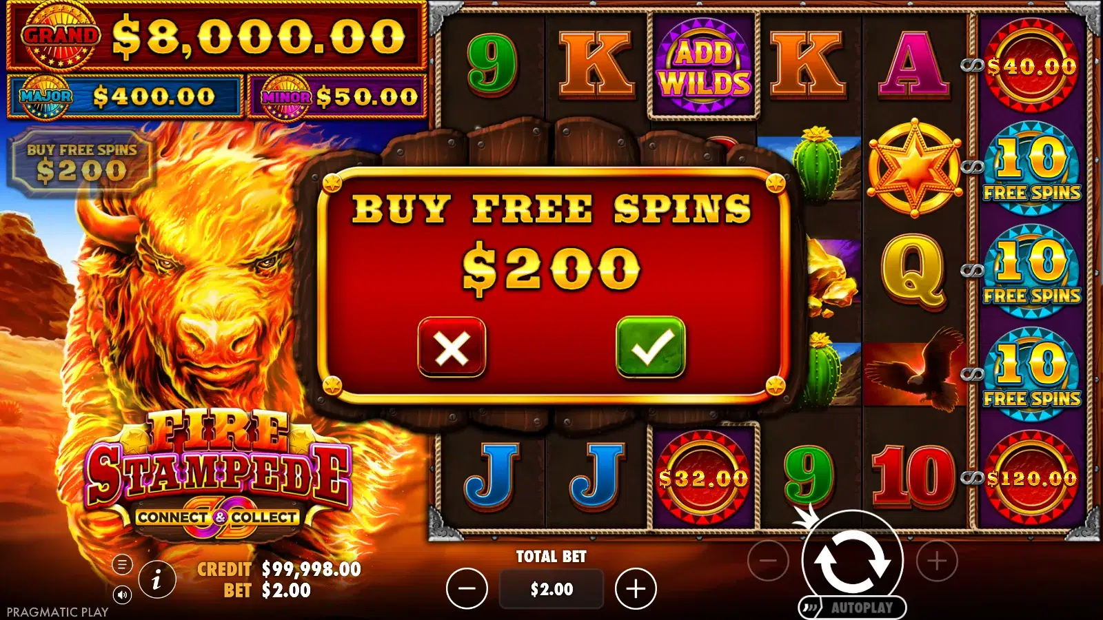 Fire Stampede buy free spins confirmation dialog priced at $200 over the reels