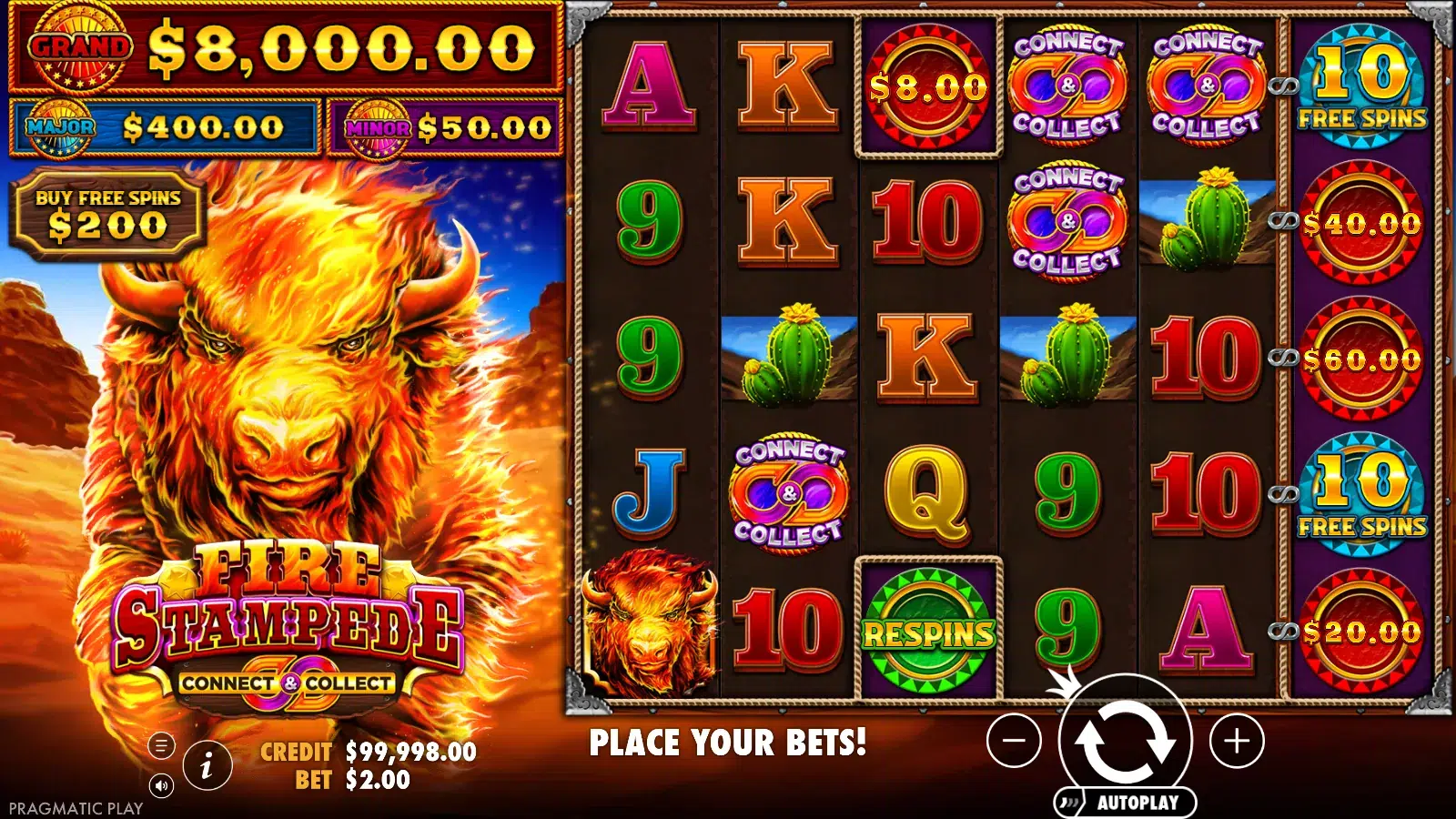 Fire Stampede reels at rest with four Connect and Collect symbols and an $8.00 money value beside reel 3