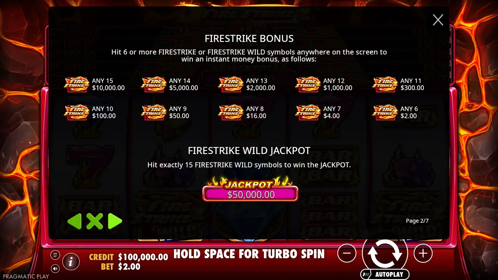 Fire Strike 2 rules screen showing the Firestrike bonus cash ladder and the $50,000.00 Firestrike Wild Jackpot