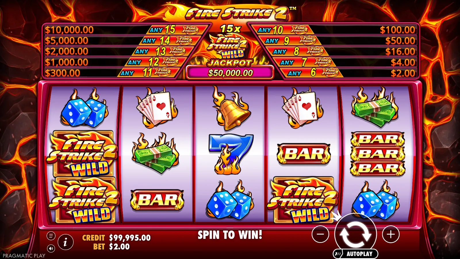 Fire Strike 2 reels with two Fire Strike 2 Wild symbols stacked on reel 1 and a third on reel 4, the Firestrike ladder banner above