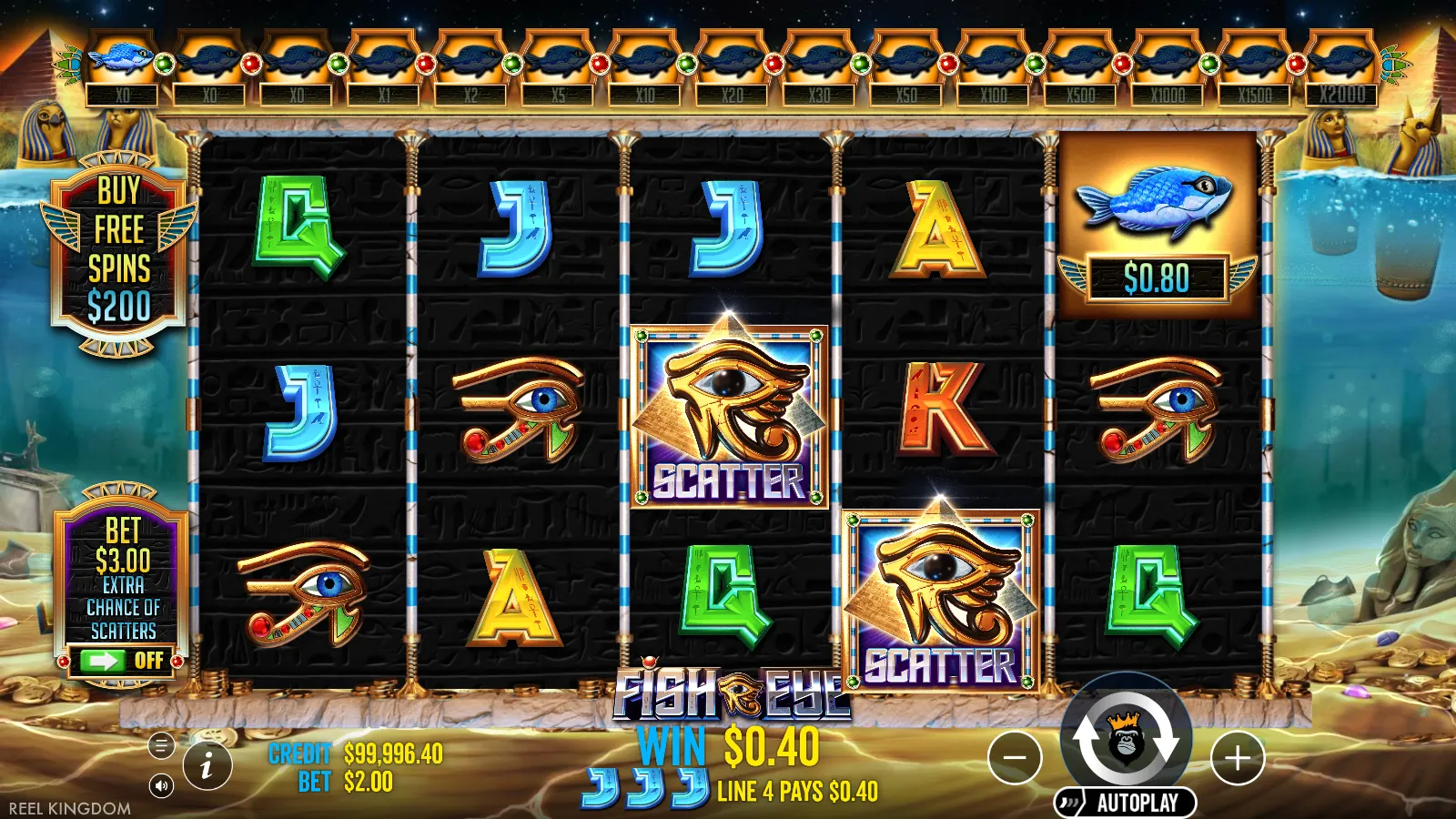 Fish Eye spin with two scatter symbols, a $0.40 line win and one fish money symbol