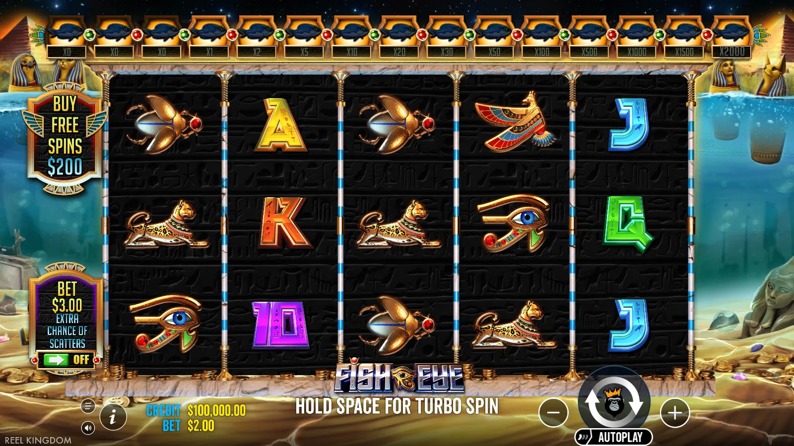 Fish Eye reels with the 15-slot fish meter above them and the Buy Free Spins plaque