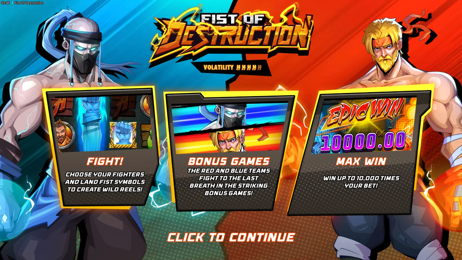 Fist of Destruction splash with the FIGHT!, BONUS GAMES and MAX WIN cards