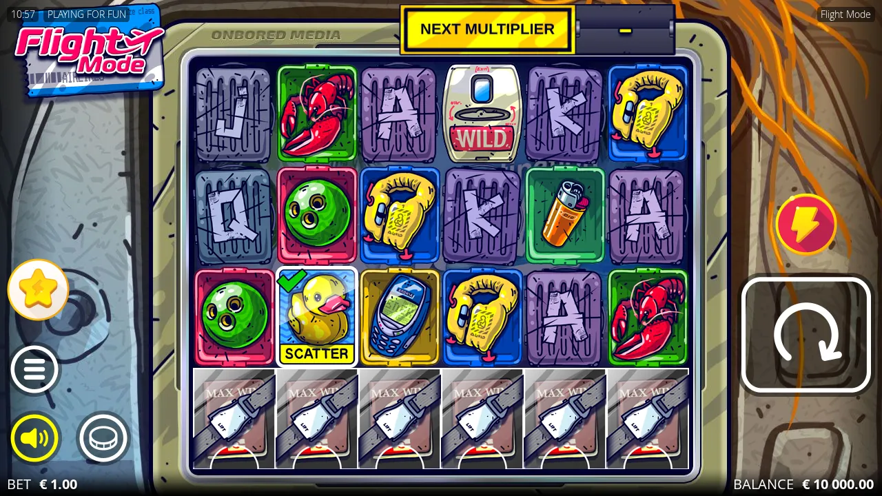 Flight Mode base game with six locked Max Win cells below the reels and an empty next multiplier meter