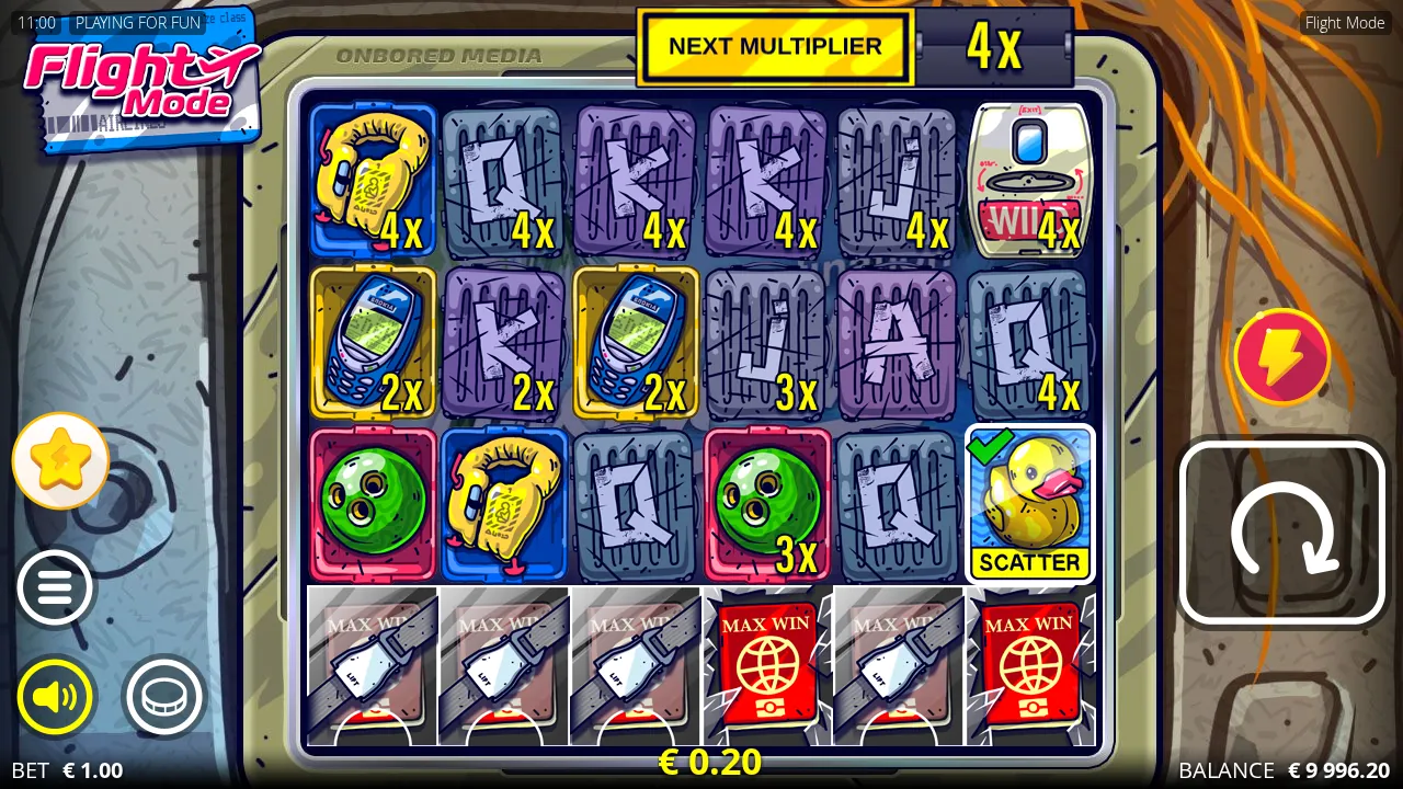 Flight Mode reels mid-cascade with 4x multiplier tags across the top row and two Max Win cells unlocked