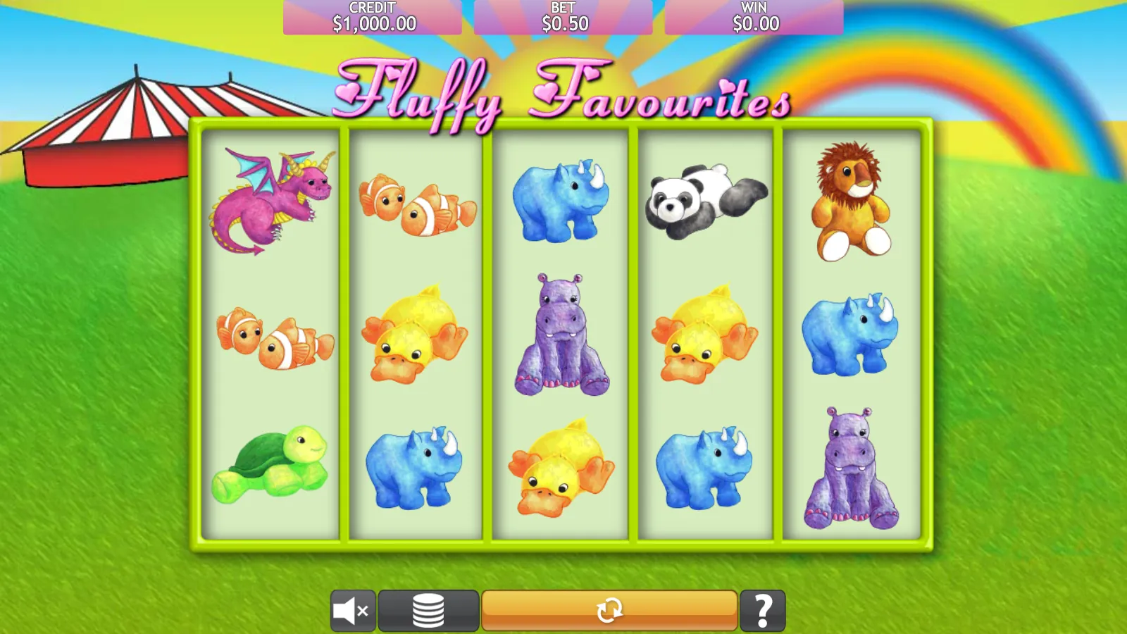 Fluffy Favourites 5x3 reels showing plush toy symbols on a green hill with a rainbow and a red big top