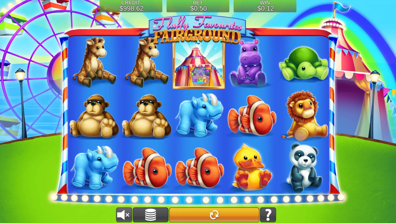 Fluffy Favourites Fairground reels with a Big-Top tent scatter on the top row of reel 3