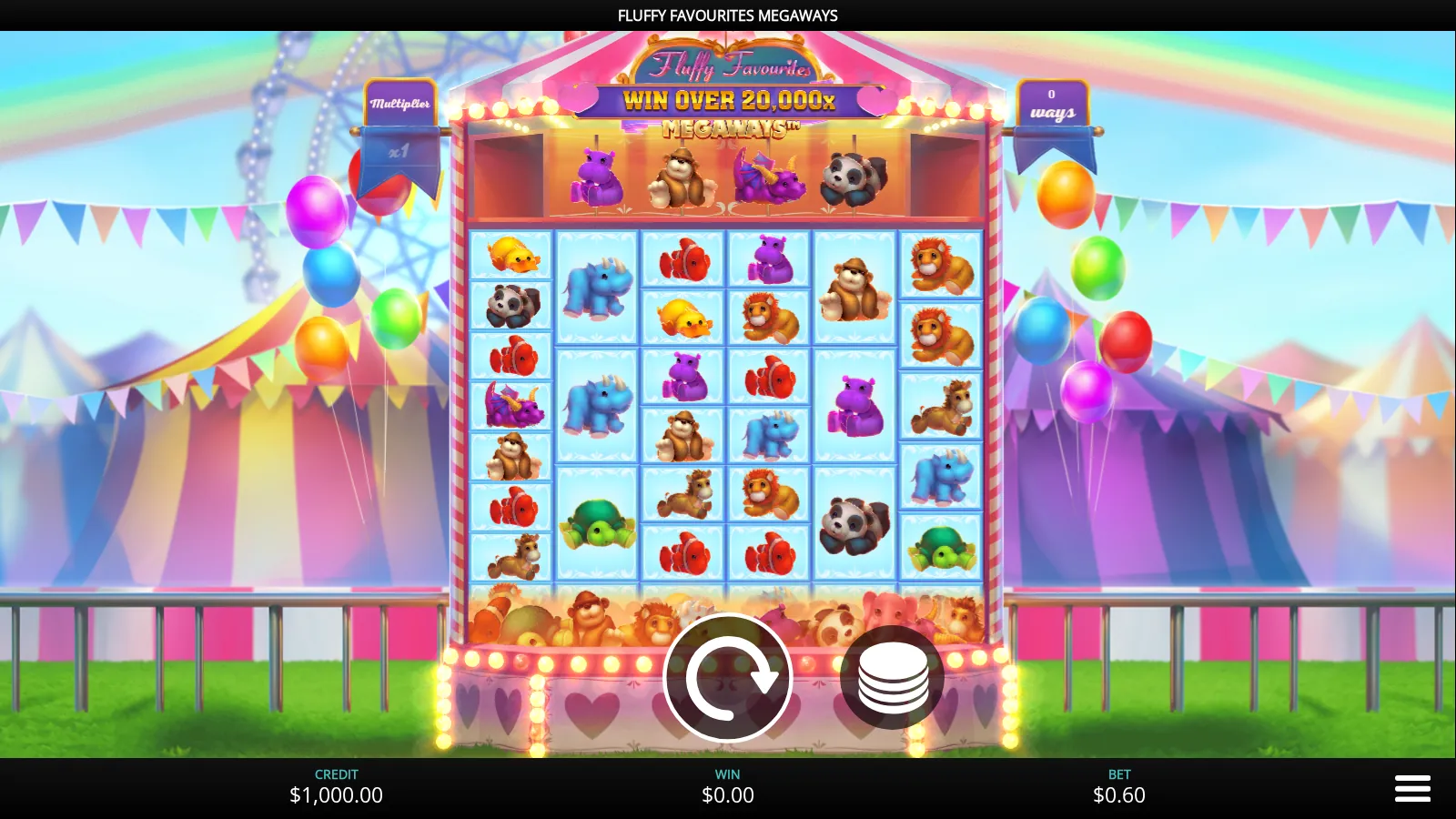 Fluffy Favourites Megaways base game showing the four-position Carousel row above the reels