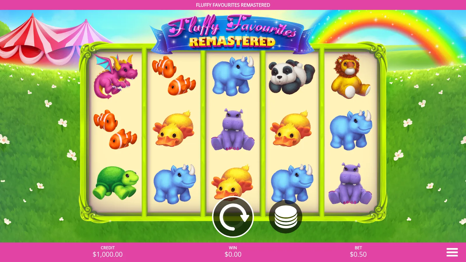 Fluffy Favourites Remastered base game showing the redrawn plush toy symbols on a 5x3 grid