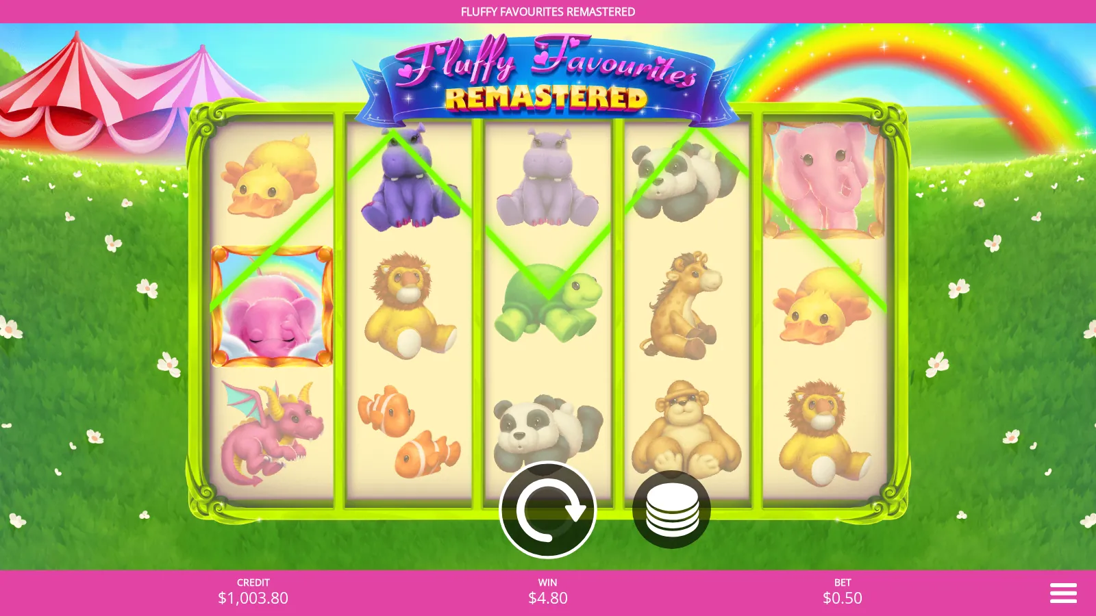 Fluffy Favourites Remastered reels after a win, with two lit paylines and the pink Elephant wild framed on reel 1