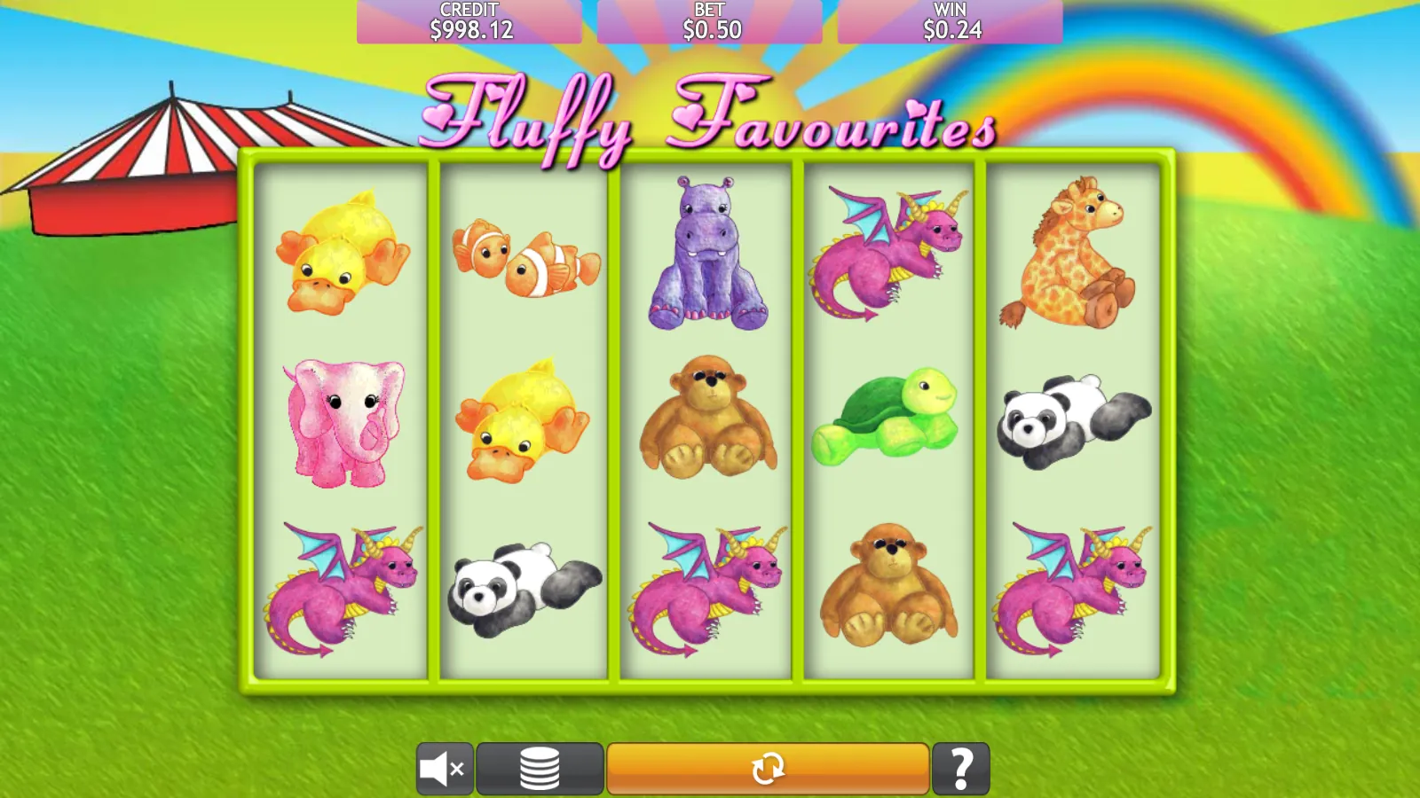 Fluffy Favourites reels after a spin with the pink elephant substitute on reel 1 and four dragon toys on screen