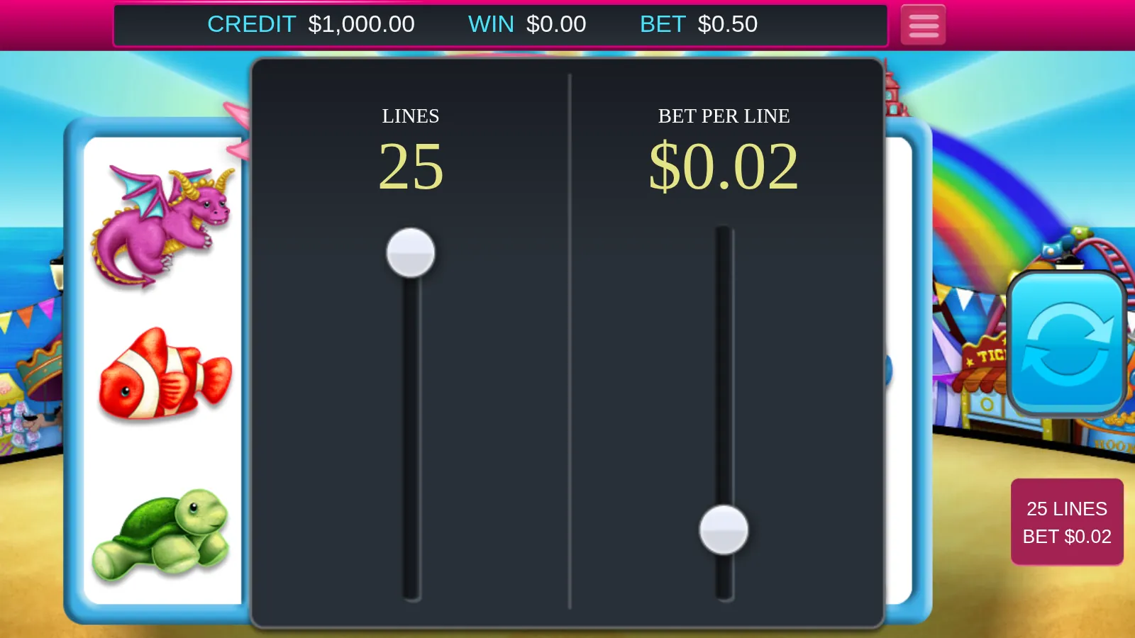 Fluffy Too bet panel with a lines slider at 25 and a bet per line slider