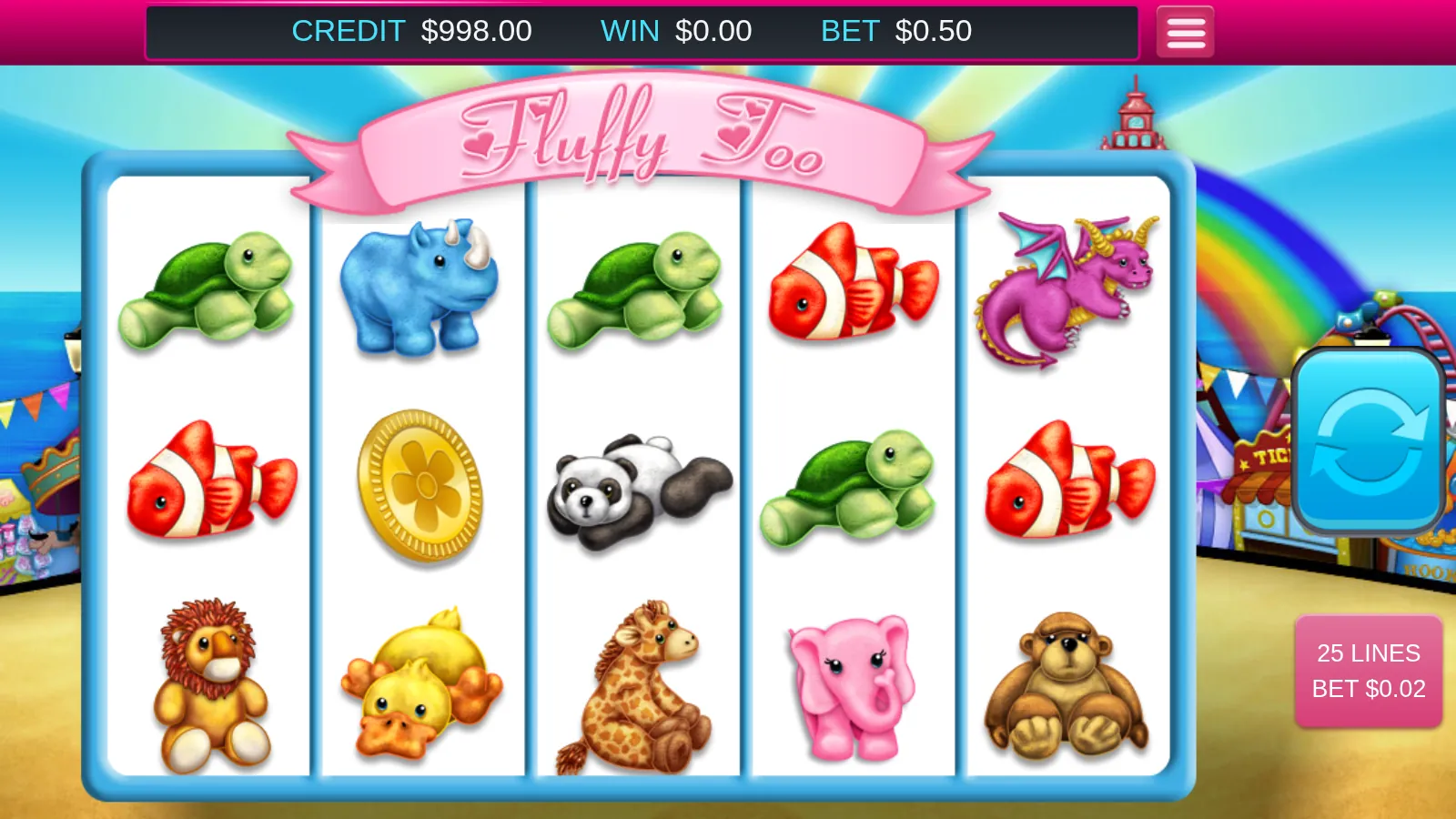 Fluffy Too reels with a single Coin scatter on reel two and a pink Elephant on reel four