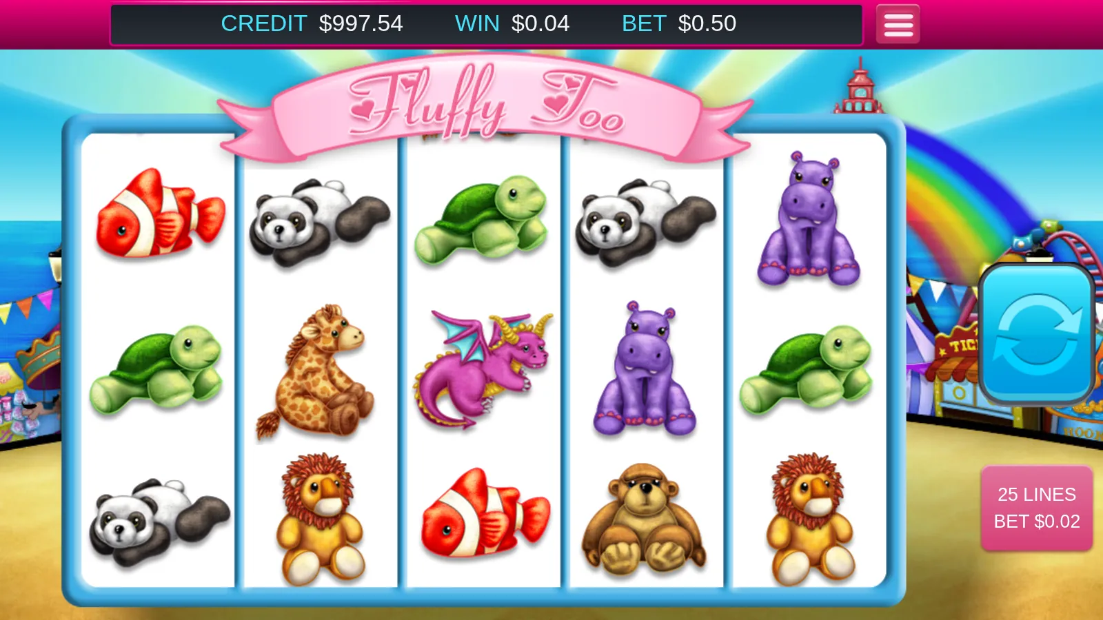 Fluffy Too reels showing panda, turtle and hippo toys after a paying line