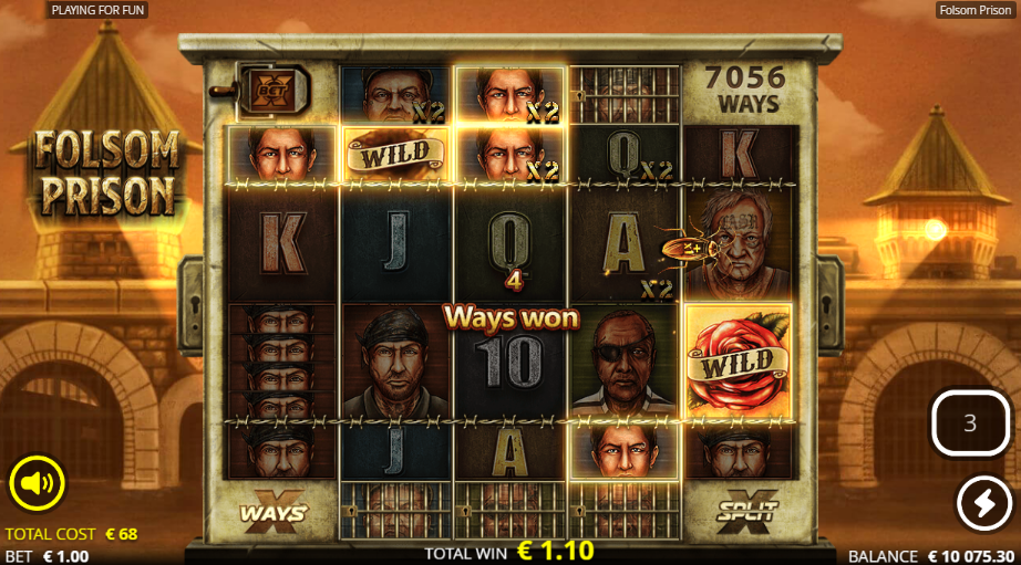 Folsom Prison with the cockroach on reel 4 and x2 multipliers stamped across several inmate symbols, two Wilds in play and ways at 7056 on a 1.00 bet.
