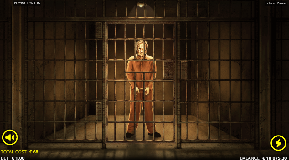 Folsom Prison cell artwork, an inmate in orange standing behind a barred door in a dim prison block