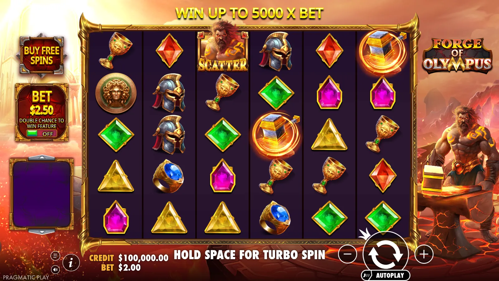 Forge of Olympus idle 6x5 reels with the Buy Free Spins button and the Double Chance plaque on the left rail