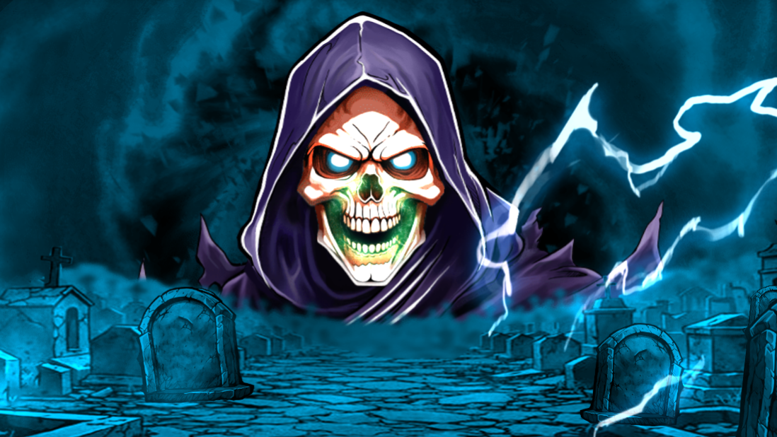 A hooded reaper looms over a graveyard with lightning cracking behind him as the free spins begin