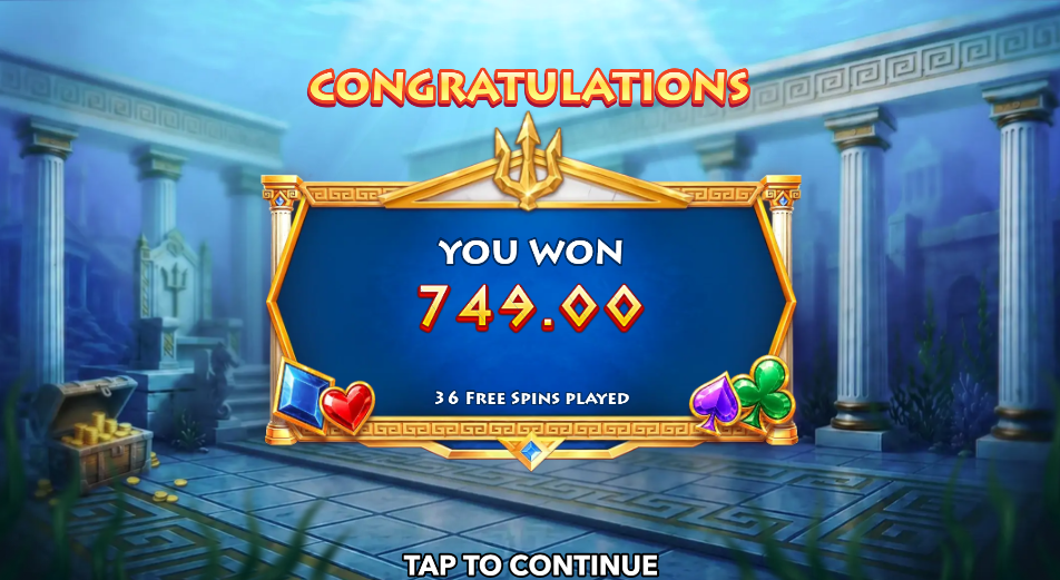 Poseidon The Deep King free spins result screen reading a total win of 749.00 from 36 spins